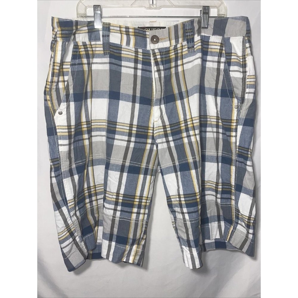 Guess Men’s Shorts Sz 38 Check Pattern Blue Grey Yellow White Soft Lightweight